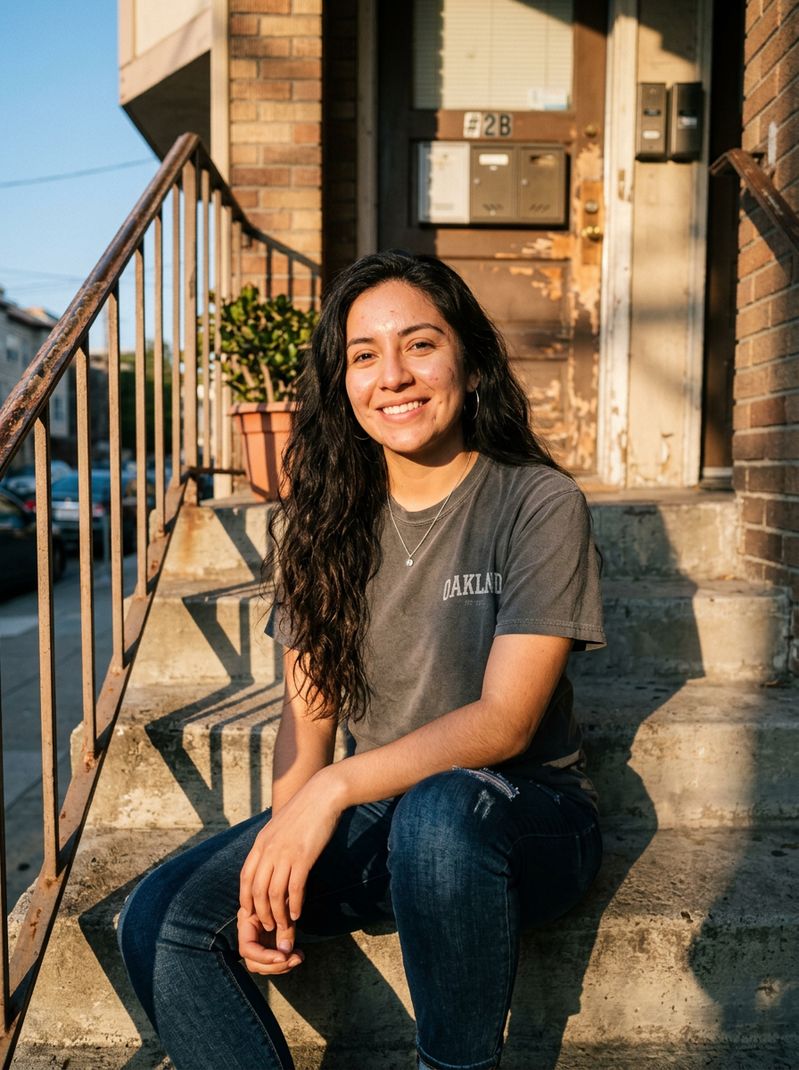 Carmen, 25, a nurse smiling on her apartment steps at golden hour — sample FoundLoveHere profile