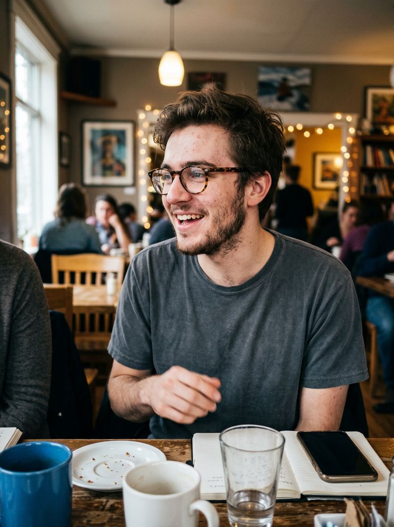 Diego, 27, an illustrator smiling in a cafe — sample FoundLoveHere profile