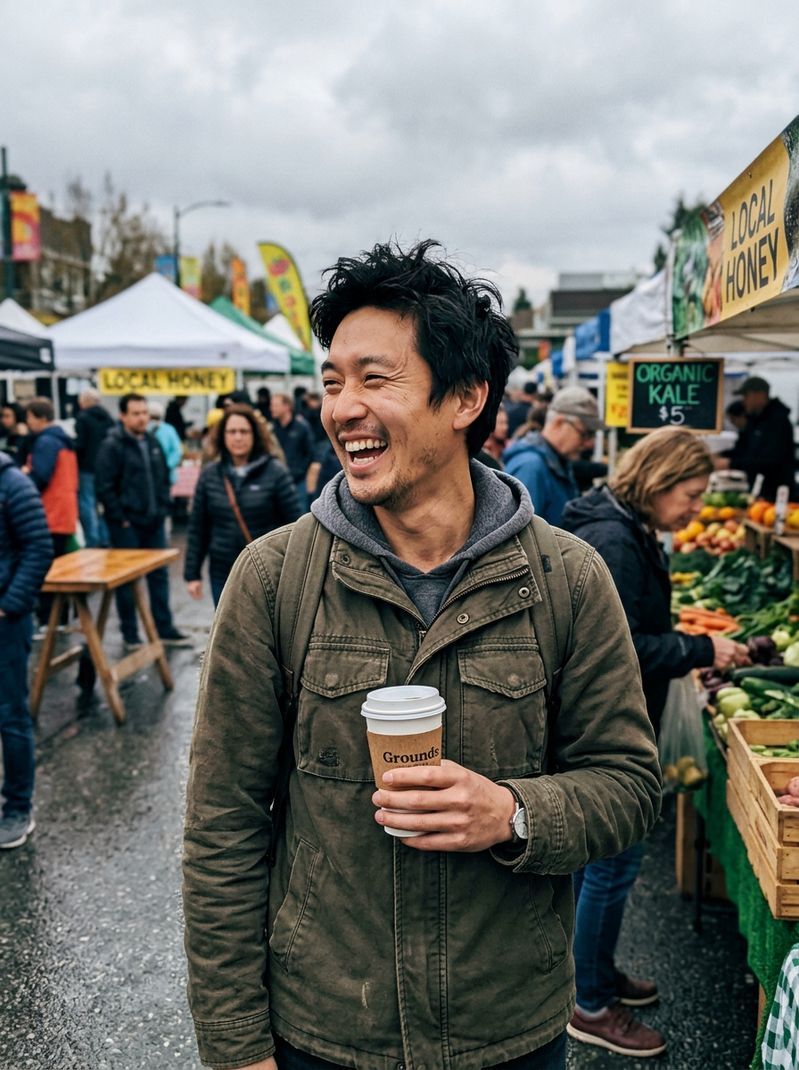 Kenji, 32, a product designer laughing at a farmers market — sample FoundLoveHere profile