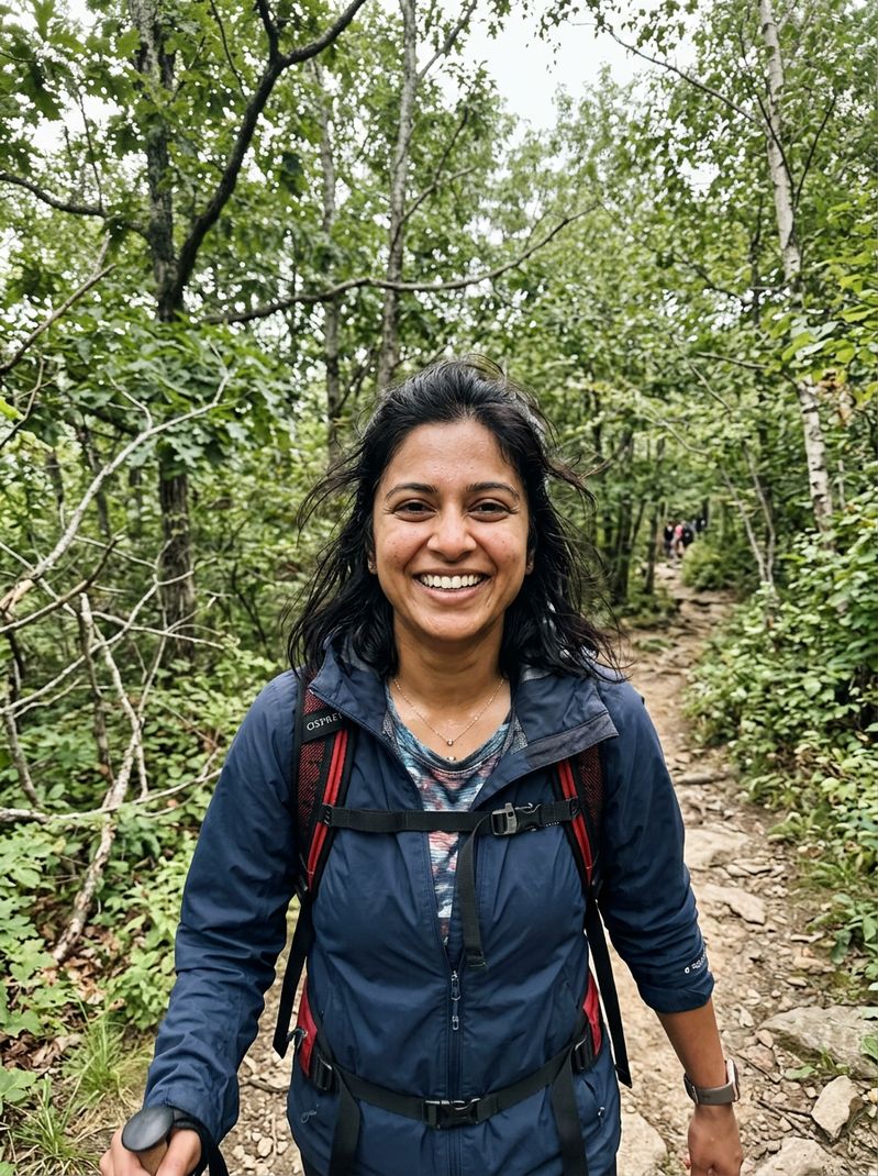 Priya, 30, a data scientist smiling on a hiking trail — sample FoundLoveHere profile