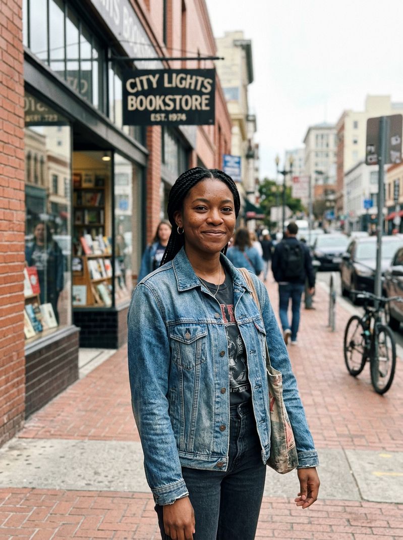 Simone, 28, a bookseller smiling outside a bookstore — sample FoundLoveHere profile